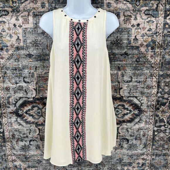 Hem & Thread Halter Dress Size S Cream with Abstract Embroidered Trim Lined - Picture 1 of 10